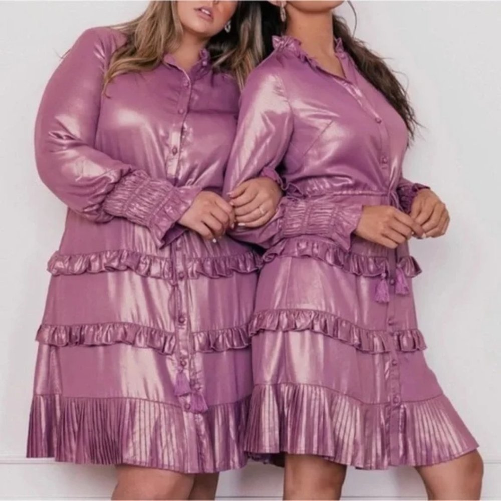 JessaKae Shimmery Pink Long Sleeve Ruffle Tiered Dress - Picture 3 of 5